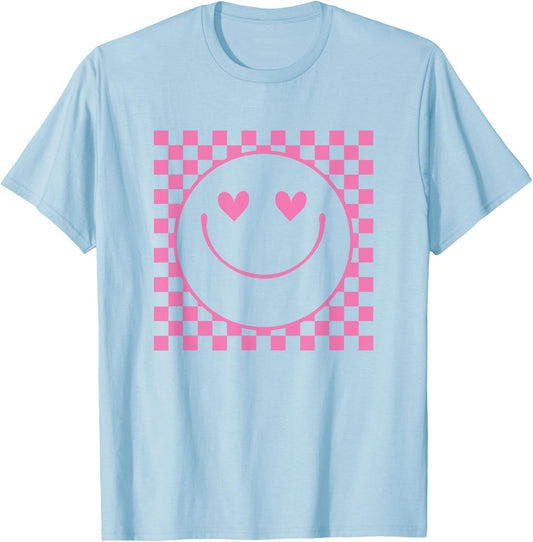 Pink Heart Eyes Smile Face Checkered Pattern Cute Happy Face T-Shirt - T-Shirt | Light Blue