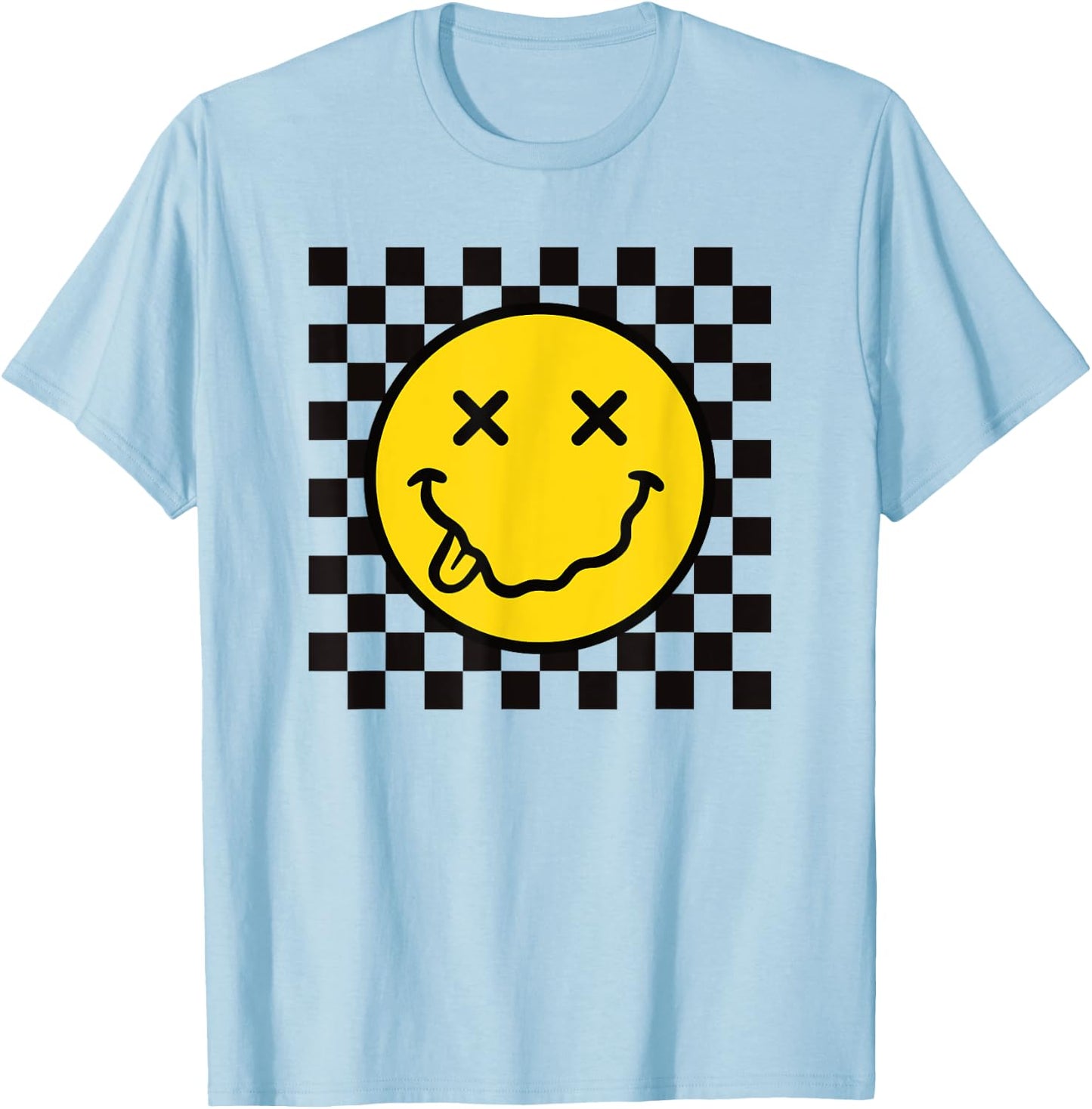 70s Yellow Smile Face Funny Tongue Out Checkered Happy Face T-Shirt - T-Shirt | Light Blue