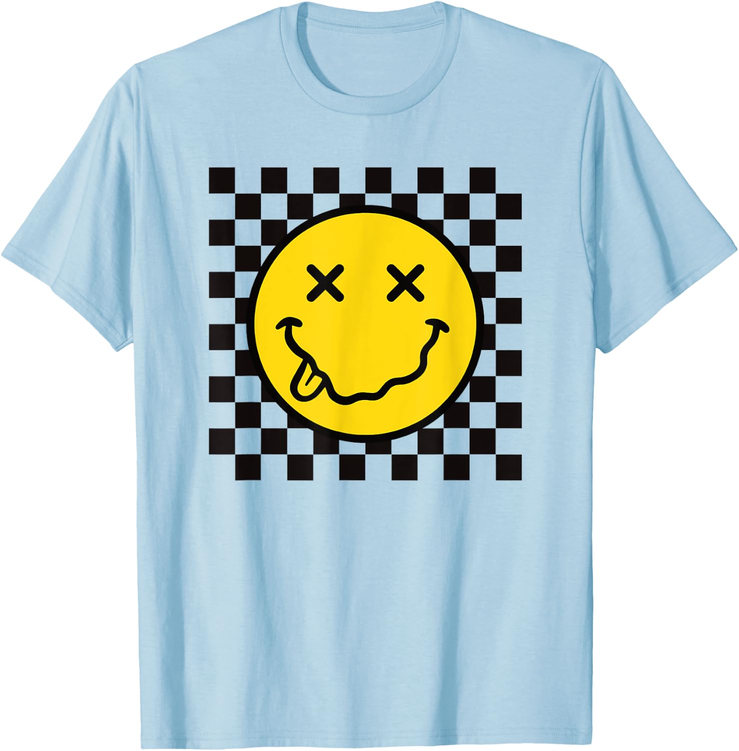 70s Yellow Smile Face Funny Tongue Out Checkered Happy Face T-Shirt - T-Shirt | Light Blue