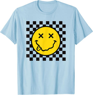 70s Yellow Smile Face Funny Tongue Out Checkered Happy Face T-Shirt - T-Shirt | Light Blue