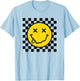 70s Yellow Smile Face Funny Tongue Out Checkered Happy Face T-Shirt - T-Shirt | Light Blue