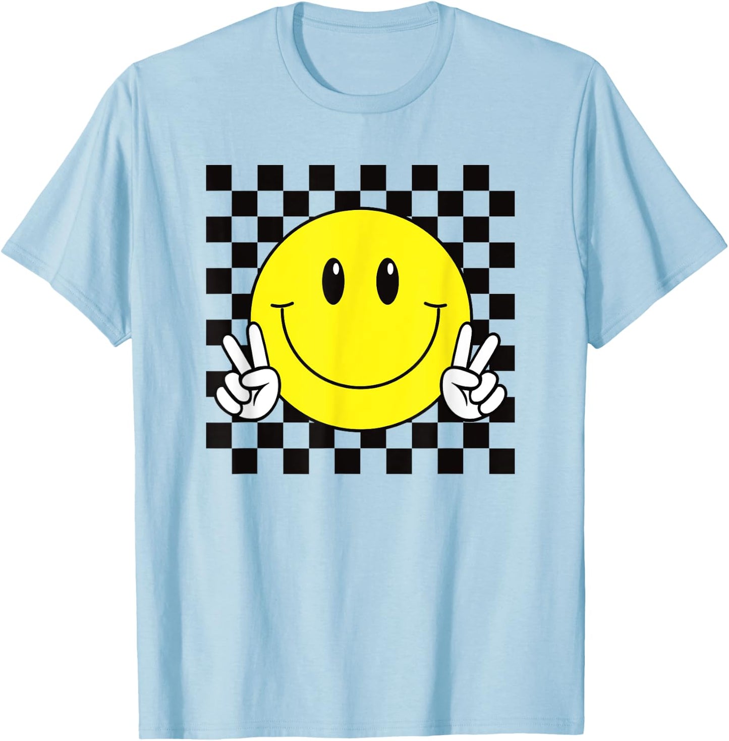 Yellow Smile Face Cute Checkered Peace Smiling Happy Face T-Shirt - T-Shirt | Light Blue