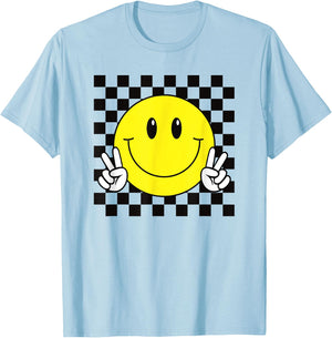 Yellow Smile Face Cute Checkered Peace Smiling Happy Face T-Shirt - T-Shirt | Light Blue