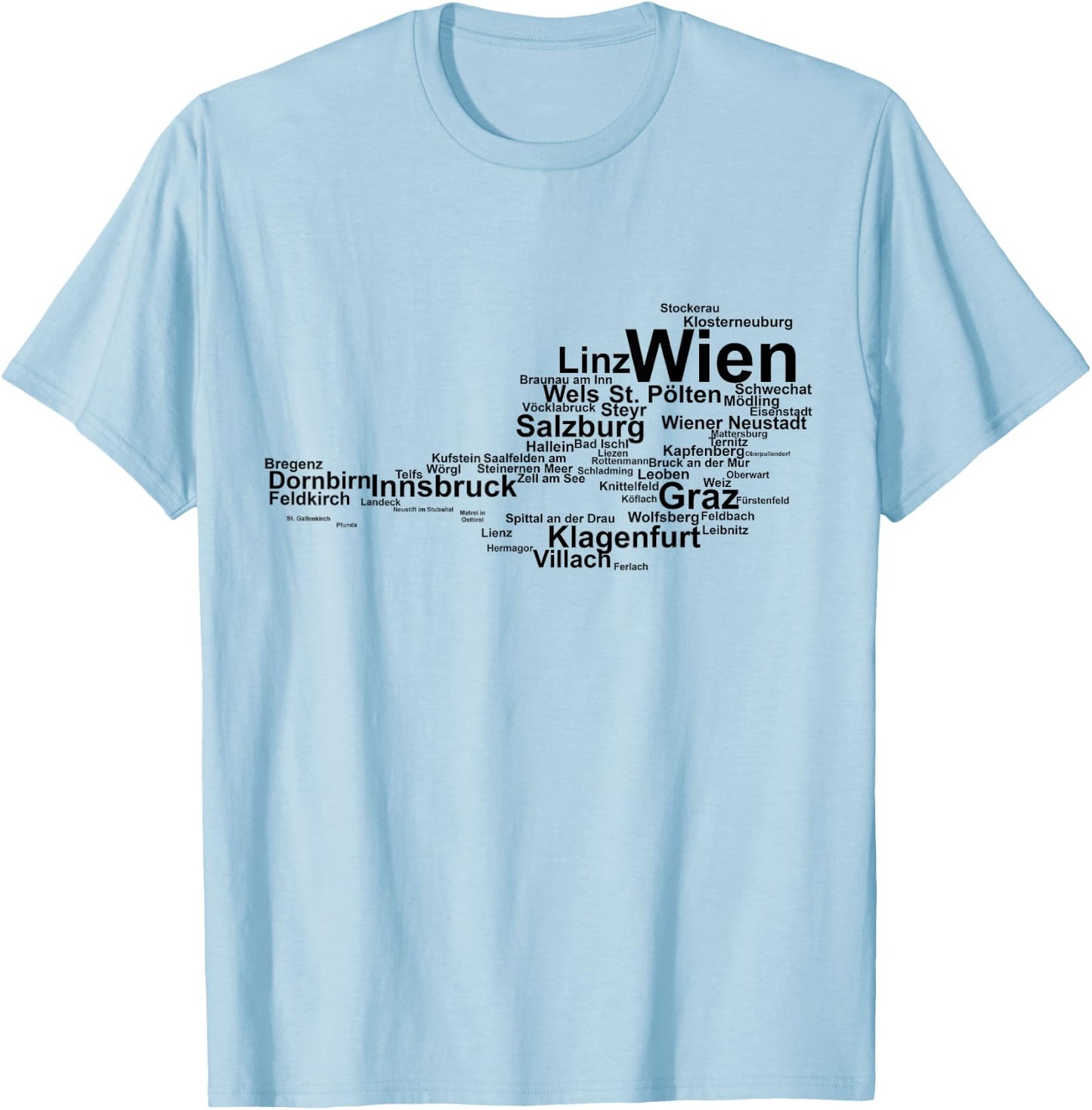Austria Map Silhouette, Cities Towns Travel Vacation Austria T-Shirt - T-Shirt | Light Blue