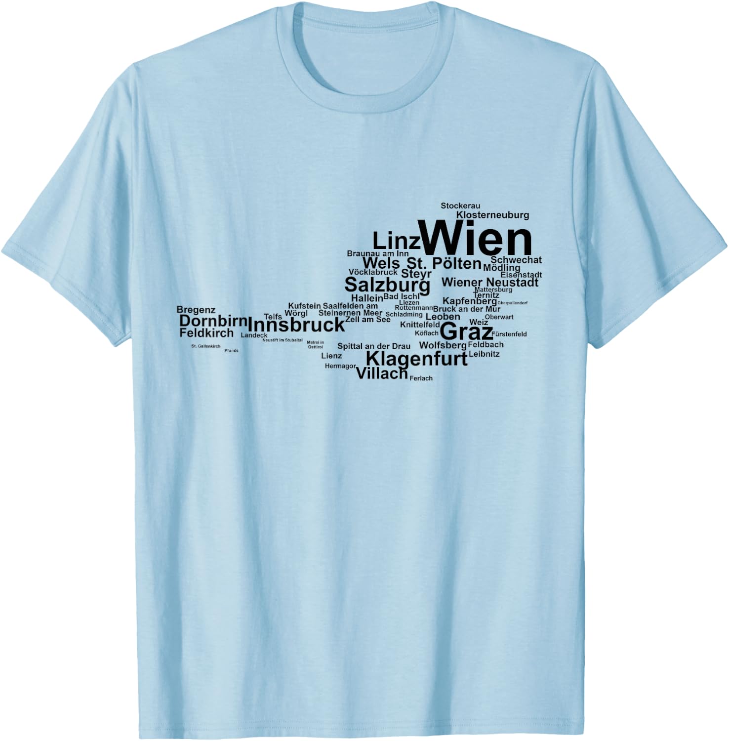 Austria Map Silhouette, Cities Towns Travel Vacation Austria T-Shirt - T-Shirt | Light Blue