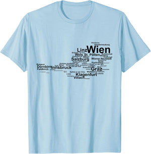 Austria Map Silhouette, Cities Towns Travel Vacation Austria T-Shirt - T-Shirt | Light Blue