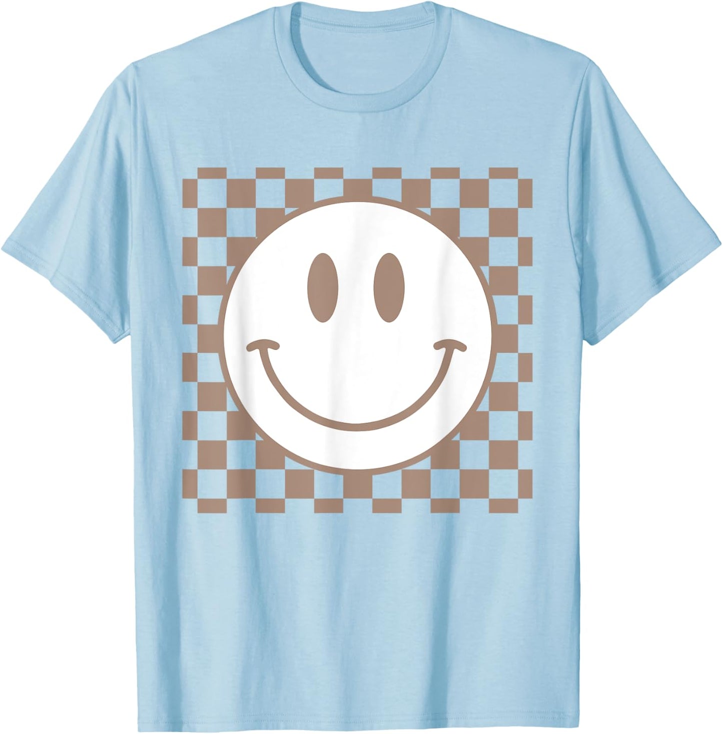 Retro Happy Face Checkered Pattern Smile Face Trendy T-Shirt - T-Shirt | Light Blue