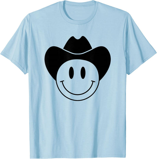 Smiling Happy Face With Black Rodeo Cowboy Hat T-Shirt - T-Shirt | Light Blue