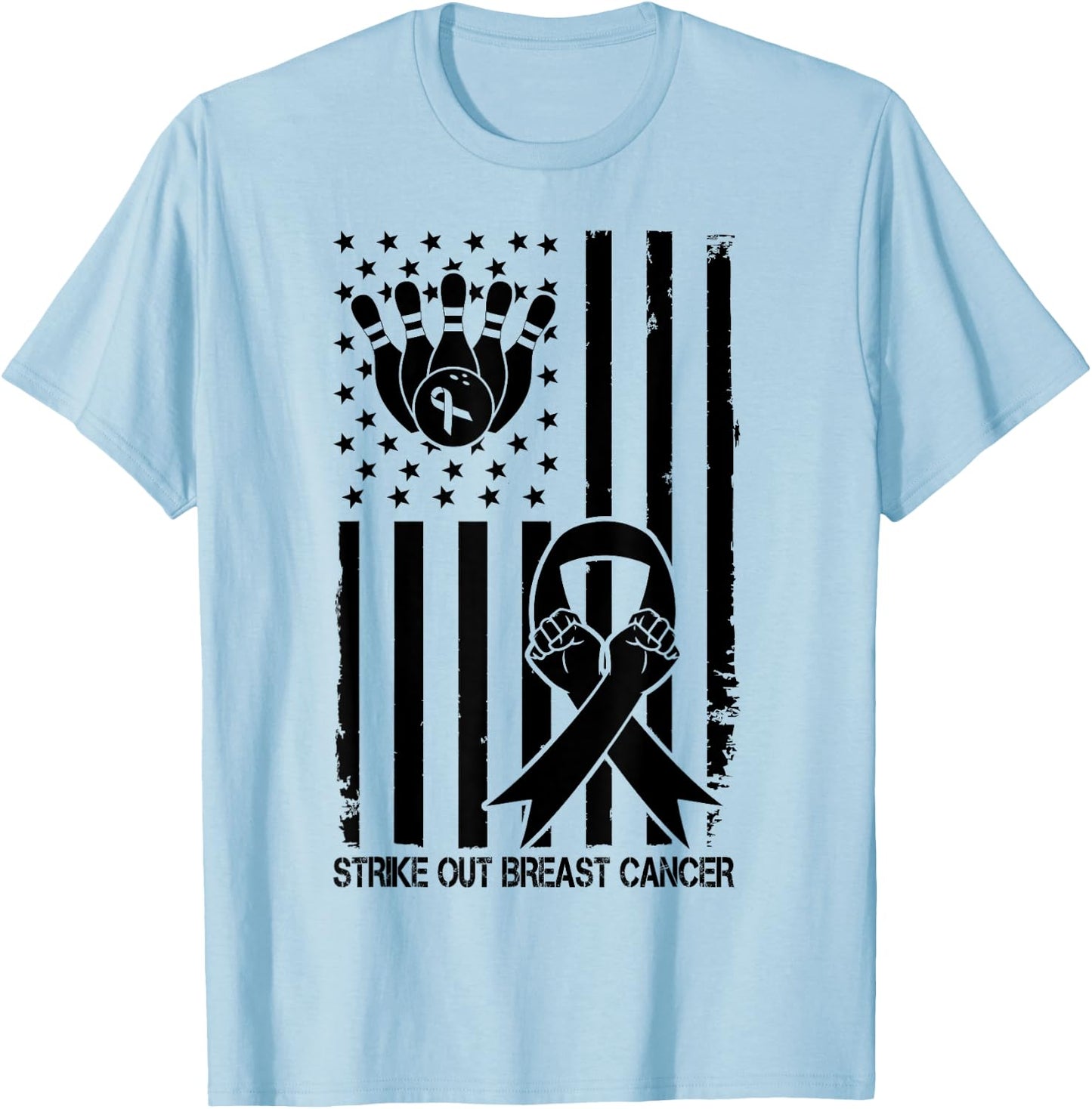 Strike Out Bowling Ribbon USA Flag Breast Cancer Awareness Kids Men T-Shirt - T-Shirt | Light Blue