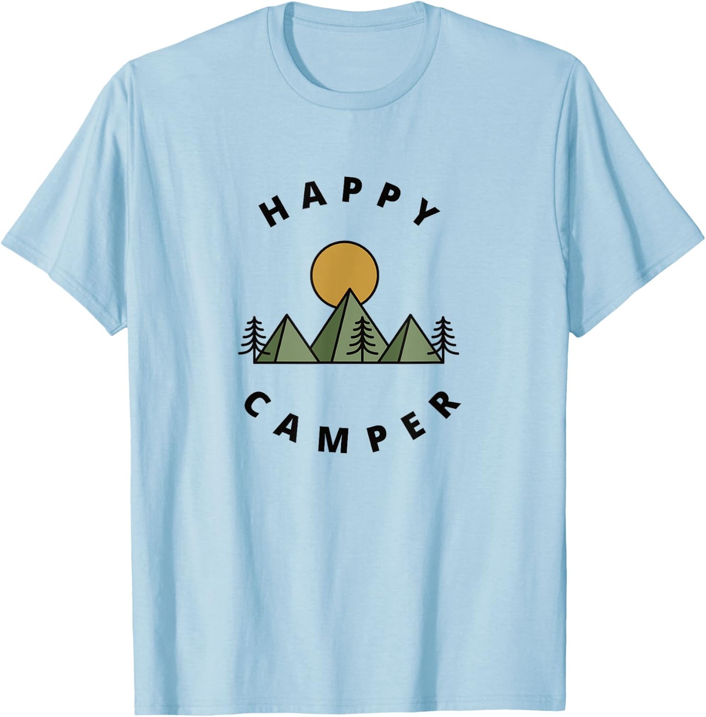 Happy Camper Camping Camp Forest Mountains Minimalist T-Shirt - T-Shirt | Light Blue