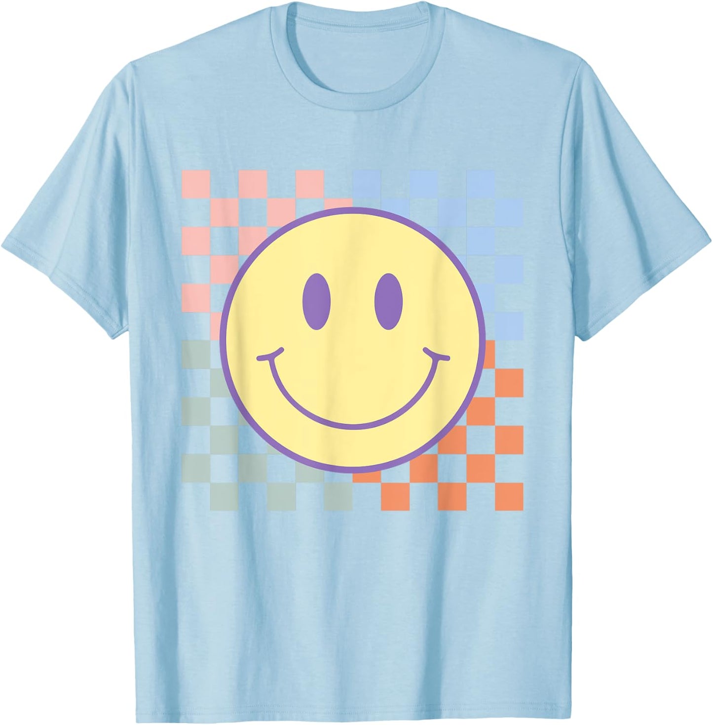 Retro Smile Face Shirts Checkered Pattern Men Kids T-Shirt - T-Shirt | Light Blue