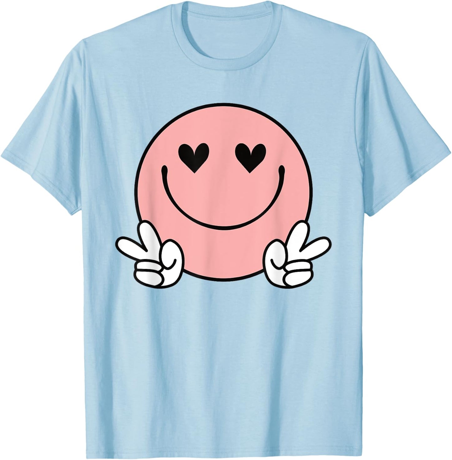 Peace Pink Smile Face Happy Funny Heart Eyes Smiling Face T-Shirt - T-Shirt | Light Blue