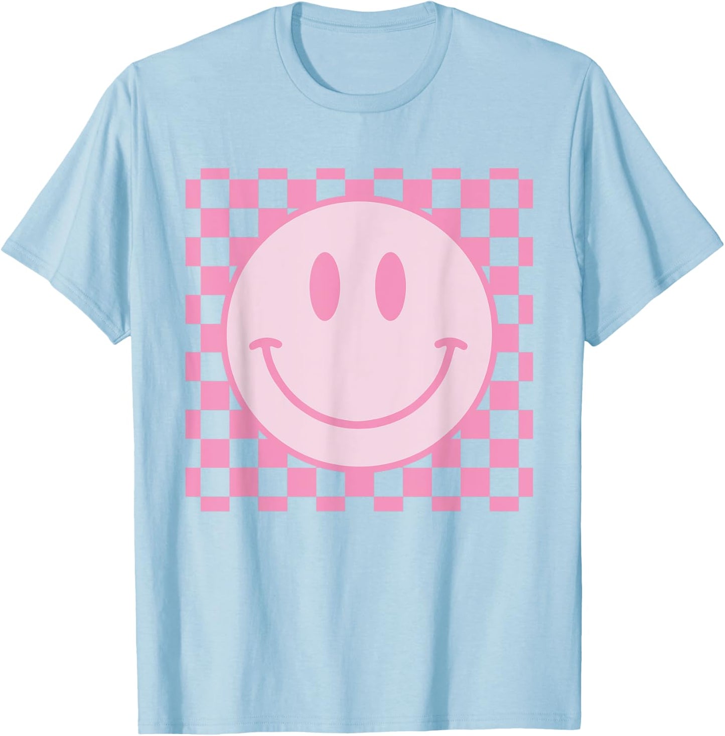 Retro Happy Face Shirt Checkered Pattern Smile Face Trendy T-Shirt - T-Shirt | Light Blue