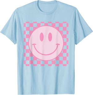 Retro Happy Face Shirt Checkered Pattern Smile Face Trendy T-Shirt - T-Shirt | Light Blue