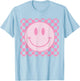 Retro Happy Face Shirt Checkered Pattern Smile Face Trendy T-Shirt - T-Shirt | Light Blue
