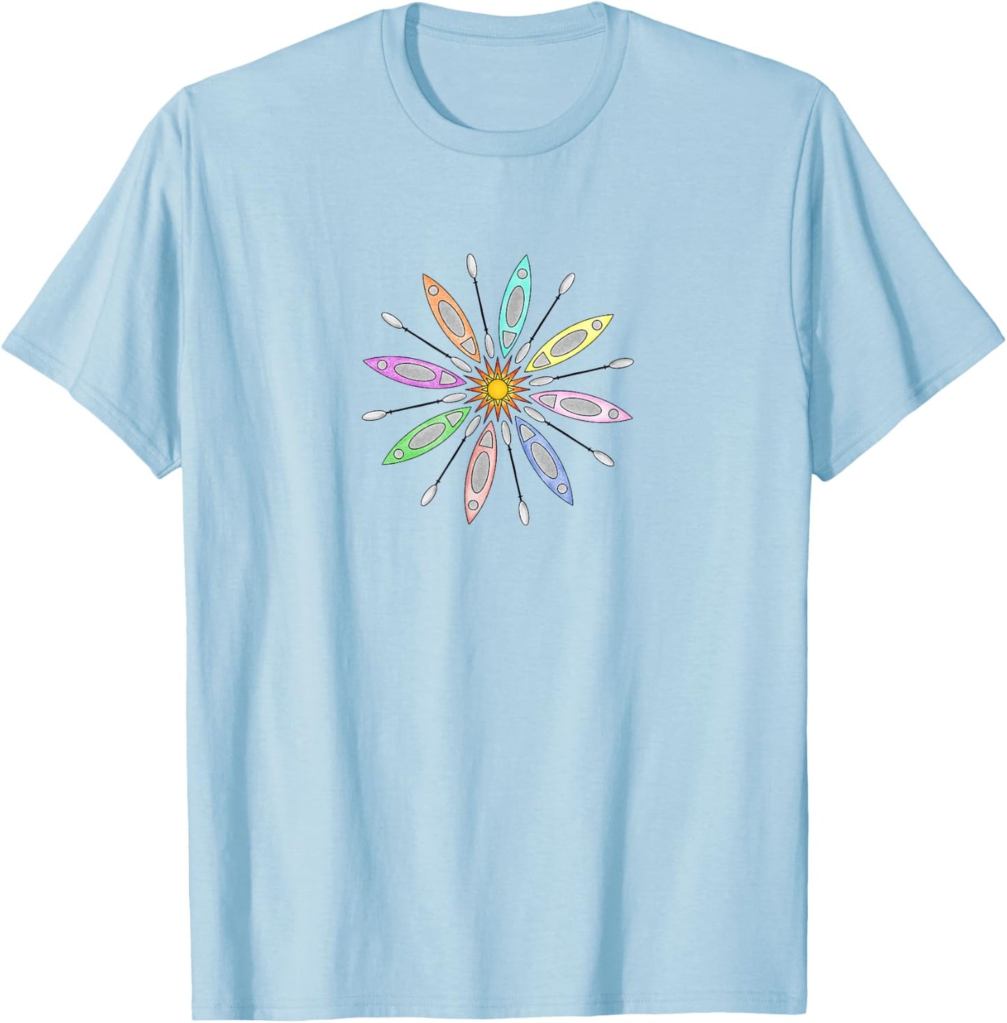Kayaks and Paddles Around the Sun, Kayakers Mandala Design T-Shirt - T-Shirt | Light Blue