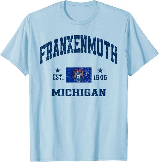 Frankenmuth Michigan MI Vintage State Athletic Navy T-Shirt - T-Shirt | Light Blue
