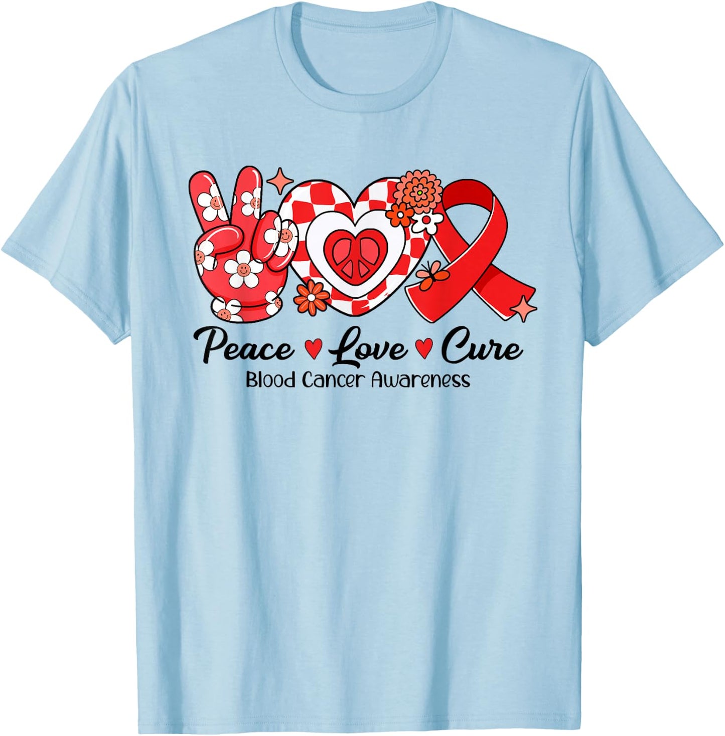 Retro Groovy Peace Love Cure Blood Cancer Awareness Gifts T-Shirt - T-Shirt | Light Blue
