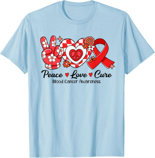 Retro Groovy Peace Love Cure Blood Cancer Awareness Gifts T-Shirt - T-Shirt | Light Blue