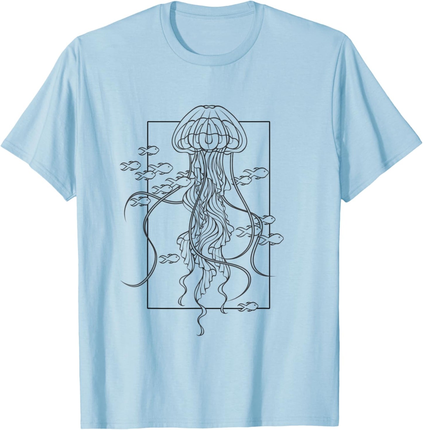 Graphic Jellyfish with Fishes in Sea T-Shirt - T-Shirt | Light Blue