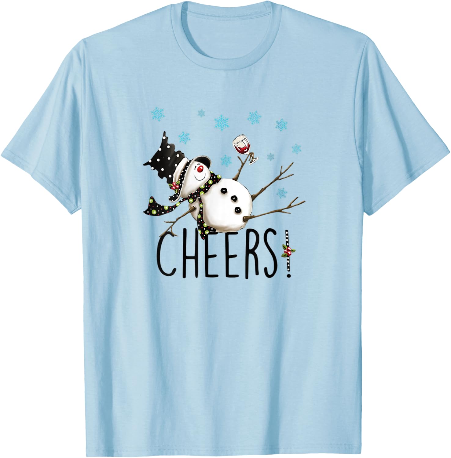 Cheers Snowman And Wine Christmas Apparel & Clothing T-Shirt - T-Shirt | Light Blue