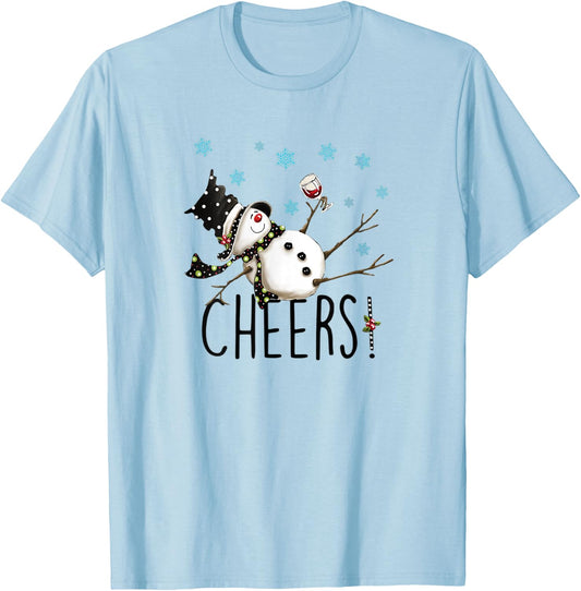 Cheers Snowman And Wine Christmas Apparel & Clothing T-Shirt - T-Shirt | Light Blue