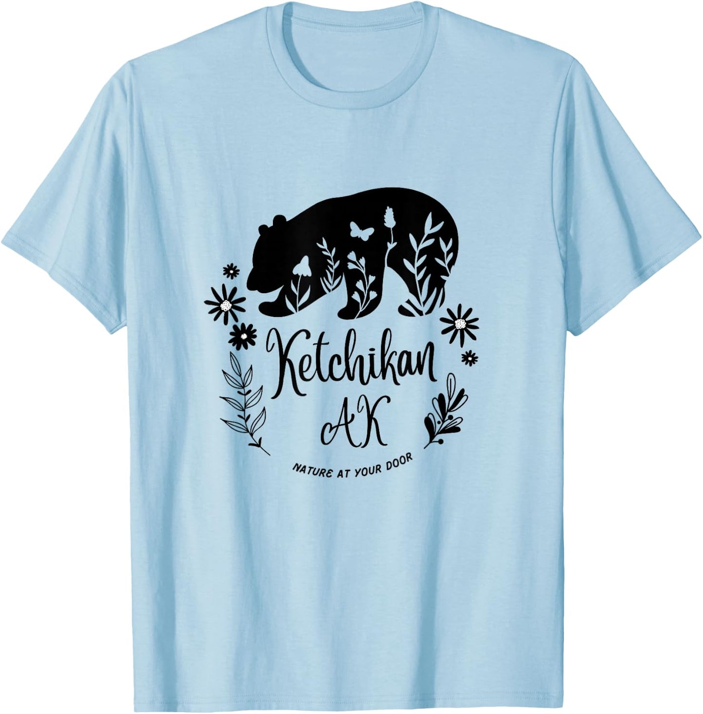 Ketchikan Alaska Bear & Flowers Nature At Your Door Design T-Shirt - T-Shirt | Light Blue