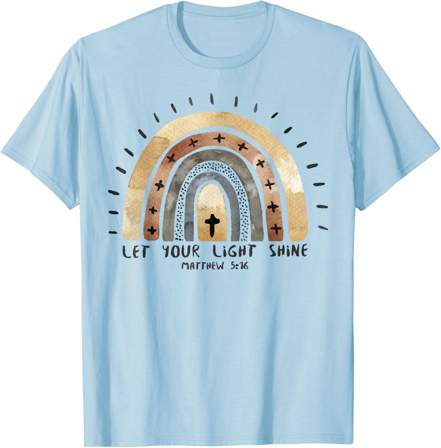 Trendy Christian Rainbow Saying Let Your Light Shine T-Shirt - T-Shirt | Light Blue