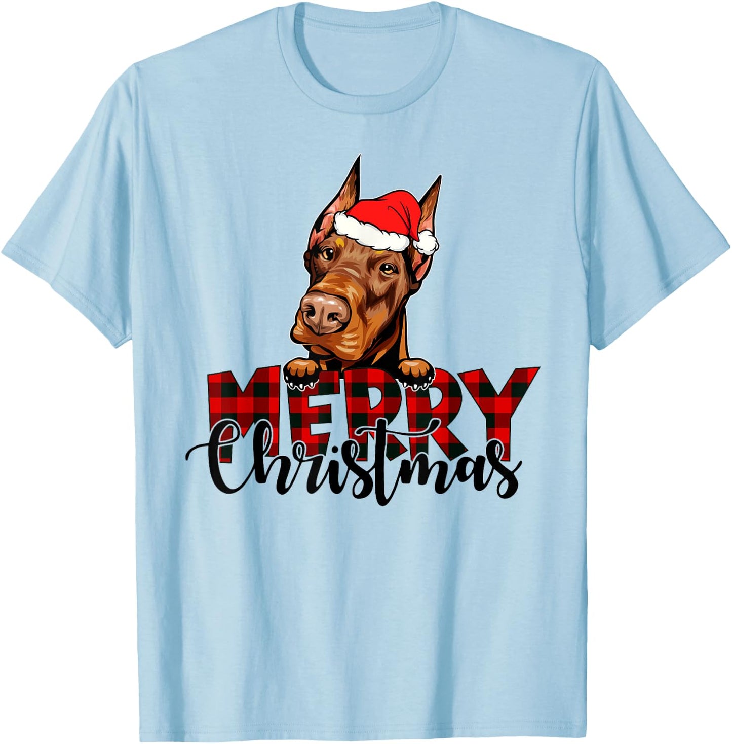 Merry Christmas Doberman Dog Christmas Red Plaid Santa Hat T-Shirt - T-Shirt | Light Blue