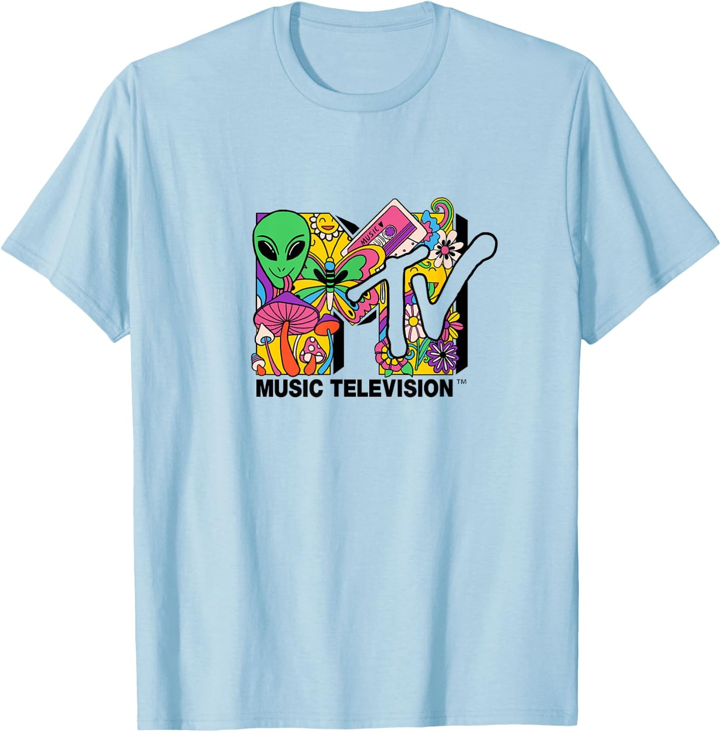 Mademark x MTV - The official MTV Logo with mushrooms aliens and flowers T-Shirt - T-Shirt | Light Blue