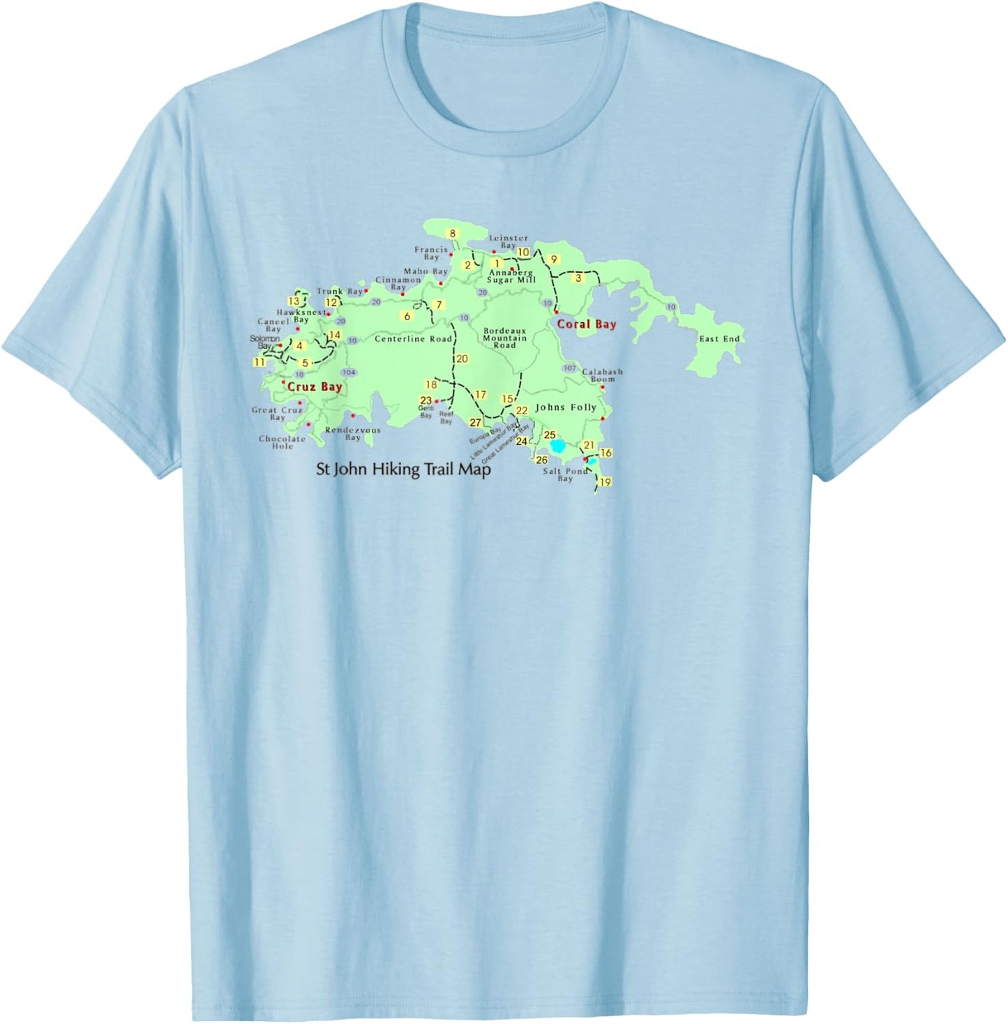 U.S. Virgin Islands Saint John Hiking Trail Map Hiker Gear T-Shirt - T-Shirt | Light Blue
