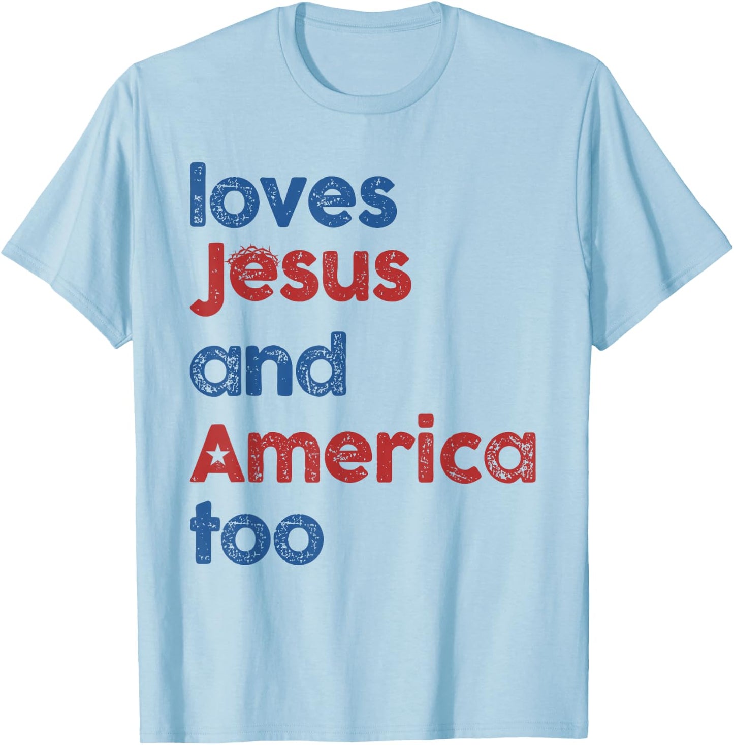 Retro Loves Jesus and America Too 4th Of July Gifts T-Shirt - T-Shirt | Light Blue