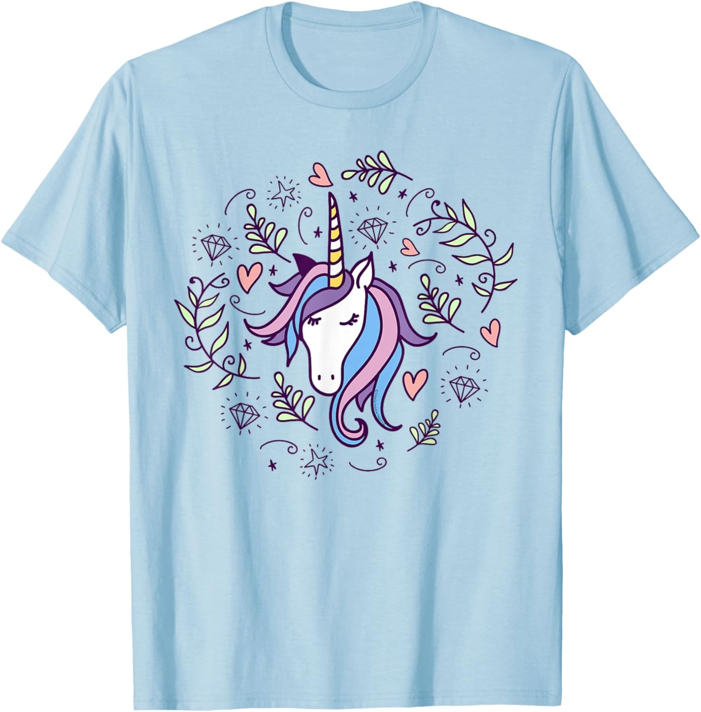 Unicorn with Pink Hearts and Diamonds Magical Unicorn T-Shirt - T-Shirt | Light Blue