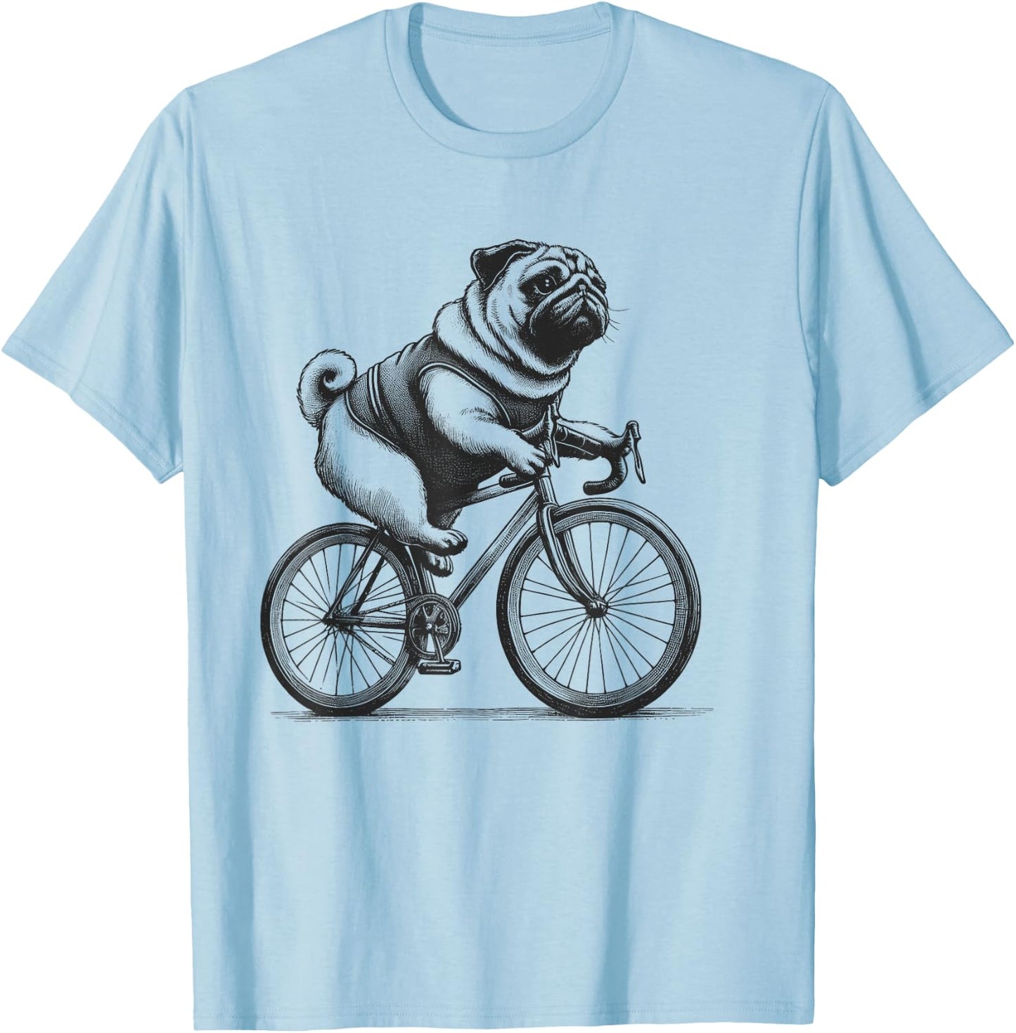 Pug Dog Riding a Bike Bicycle Biker Cycling T-Shirt - T-Shirt | Light Blue