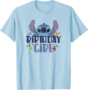 Disney Lilo & Stitch Birthday Girl Retro Floral Logo T-Shirt - T-Shirt | Light Blue