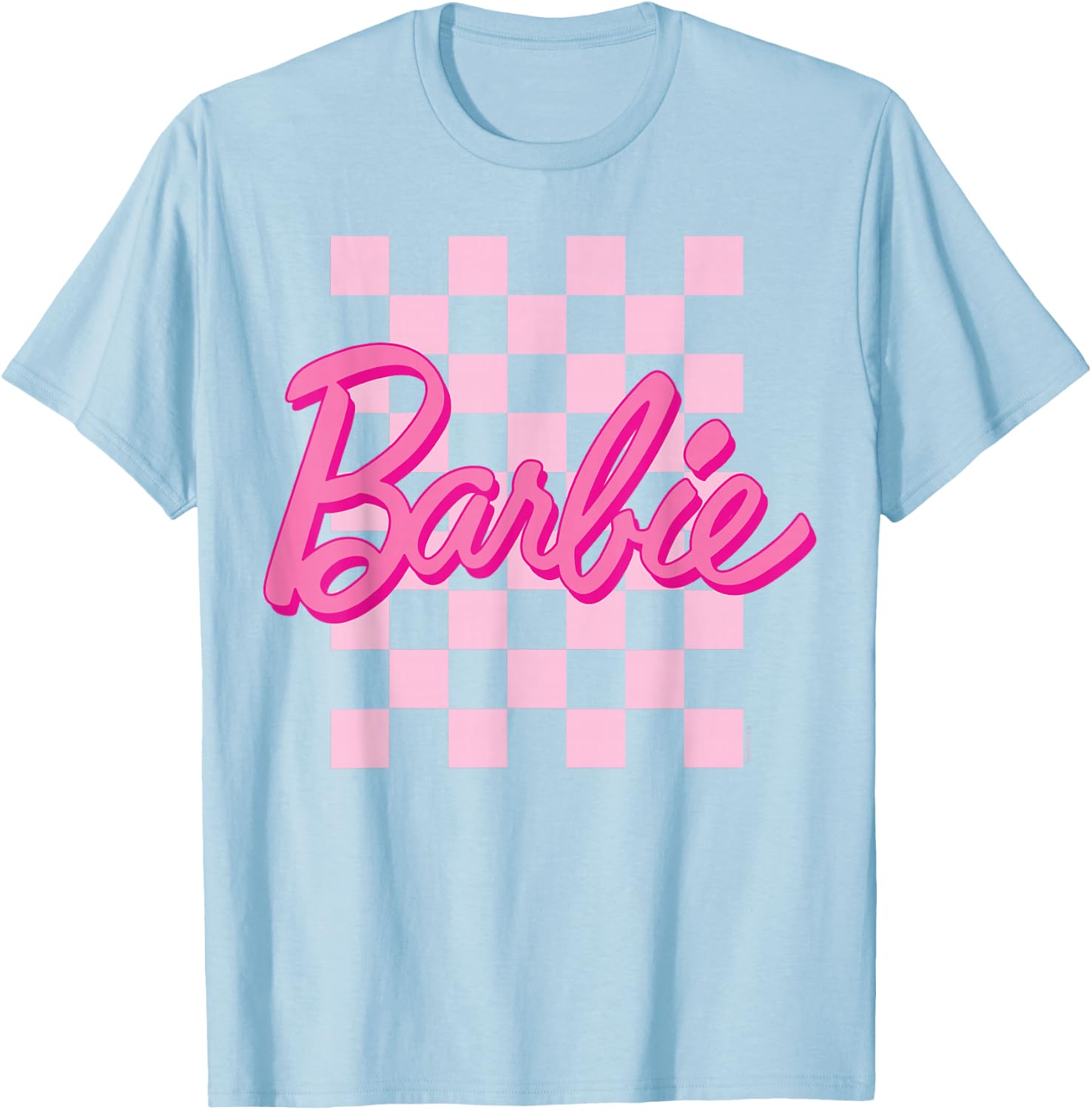 Barbie - Barbie Logo Checkered Background Short Sleeve , Small T-Shirt - T-Shirt | Light Blue
