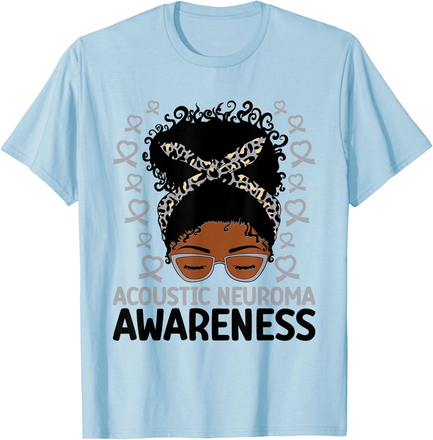 Acoustic Neuroma Awareness Women Messy Bun Gray Ribbon T-Shirt - T-Shirt | Light Blue