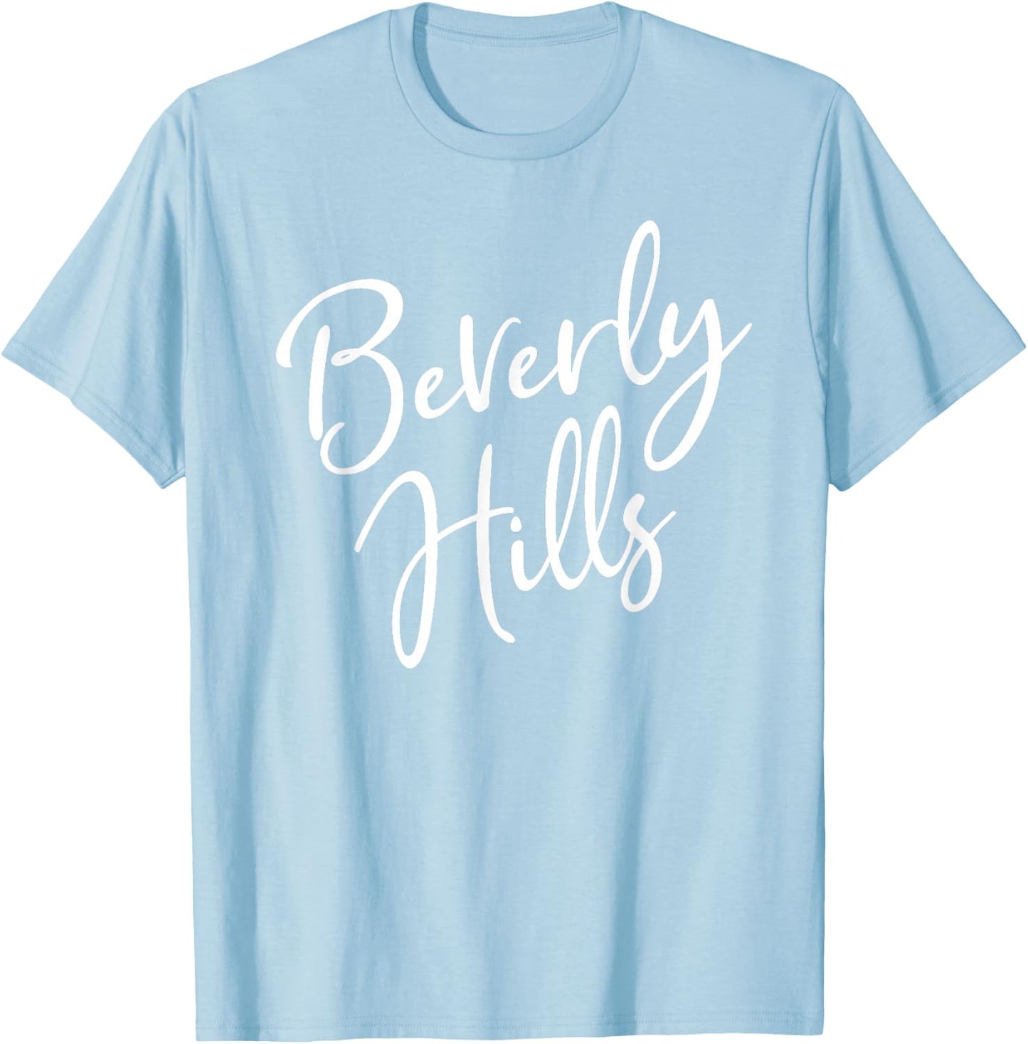 Beverly Hills Script Text Pink with White Print T-Shirt - T-Shirt | Light Blue