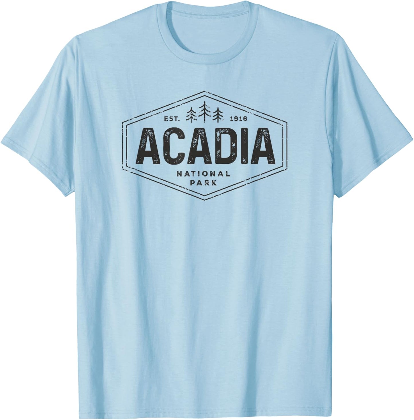Acadia National Park Shirt Vintage Tree Hexagon Badge Hiking T-Shirt - T-Shirt | Light Blue