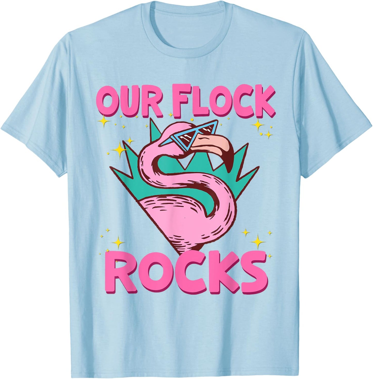 Our Flock Rocks Flamingo Matching Family Vacation Group T-Shirt - T-Shirt | Light Blue