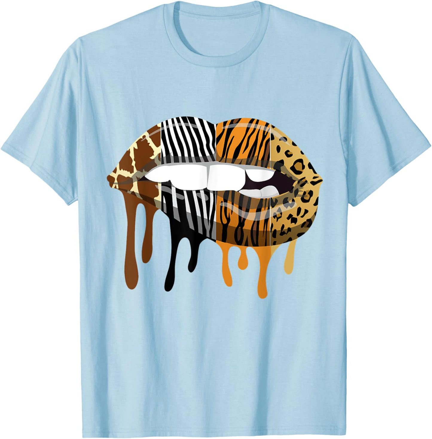 Sexy Biting Lips Animal Print Leopard Tiger Giraffe Zebra T-Shirt - T-Shirt | Light Blue