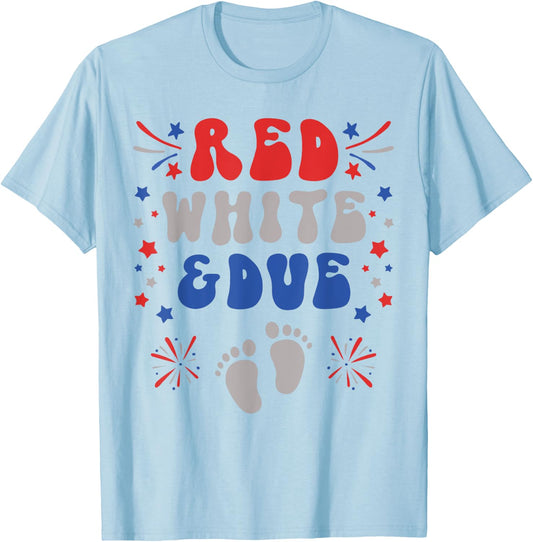 Red White and Due 4th of July Pregnancy Dress Baby Reveal Men T-Shirt - T-Shirt | Light Blue