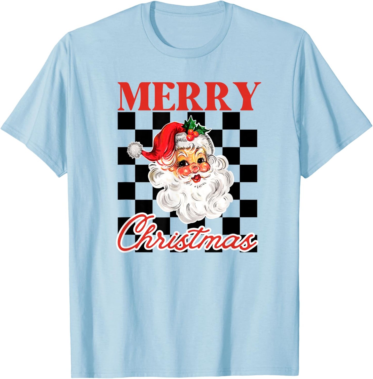 Retro Merry Christmas Checkered Vintage Santa T-Shirt - T-Shirt | Light Blue