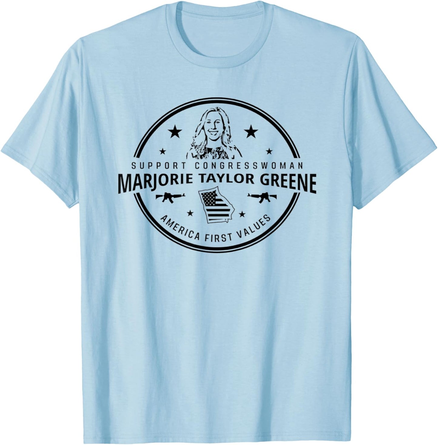 Support Marjorie Taylor Greene MTG America First Values T-Shirt - T-Shirt | Light Blue