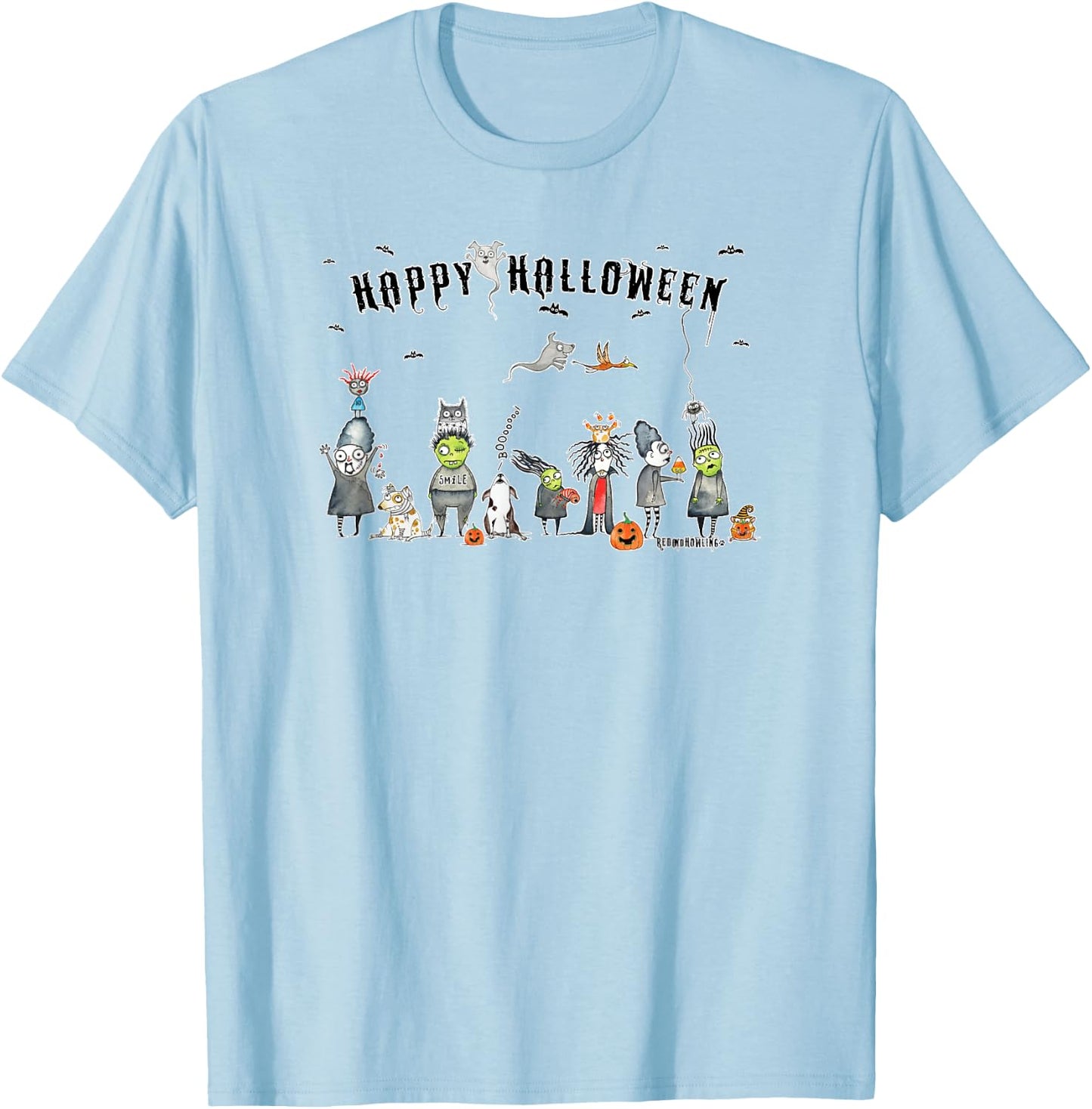 Red and Howling Spooky Friends Halloween Ghosts and Ghouls T-Shirt - T-Shirt | Light Blue