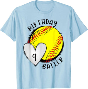 9th Birthday Softball Girl Nine Year Old Softball Player T-Shirt - T-Shirt | Light Blue