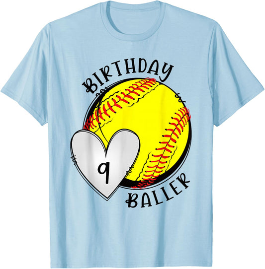 9th Birthday Softball Girl Nine Year Old Softball Player T-Shirt - T-Shirt | Light Blue