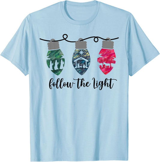 Follow the Light Christ Xmas Light T-Shirt - T-Shirt | Light Blue