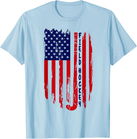 Vintage American Flag Patriotic Field Hockey Stick USA Flag T-Shirt - T-Shirt | Light Blue