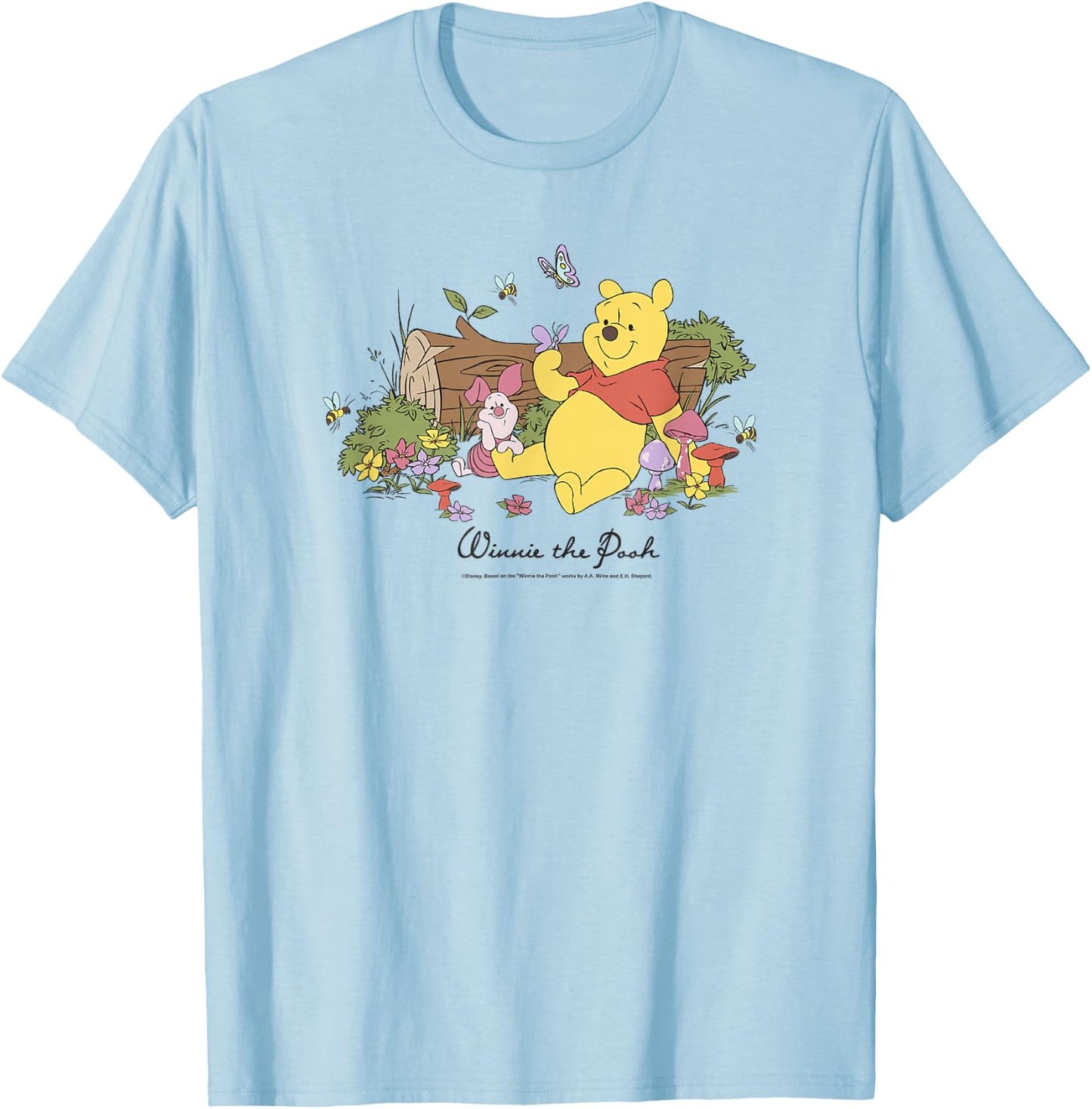 Disney Winnie The Pooh Piglet and Pooh Floral Butterfly Small T-Shirt - T-Shirt | Light Blue
